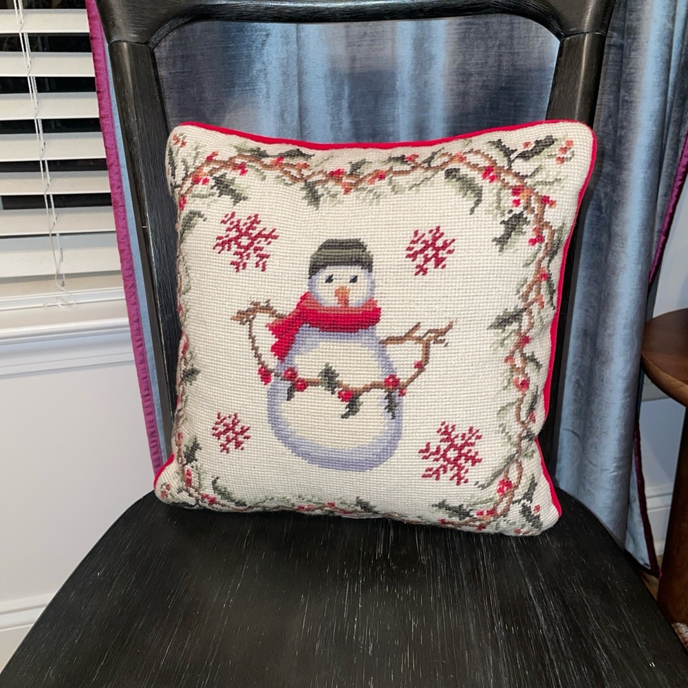 100% Wool Handmade Needle Point snowman Pillow Christmas 13x13”